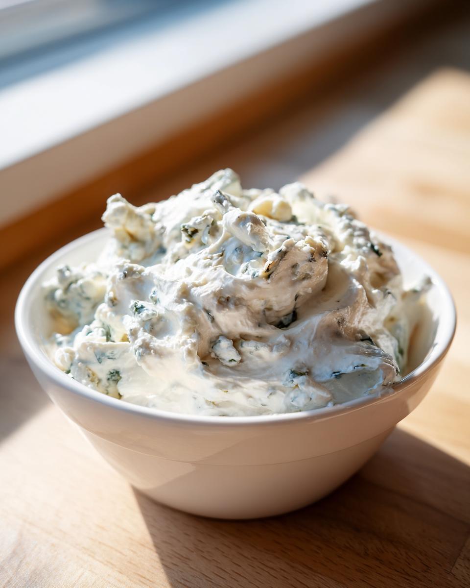 Close-up of a white bowl filled with chunky, creamy blue cheese dip, sitting on a wooden surface.