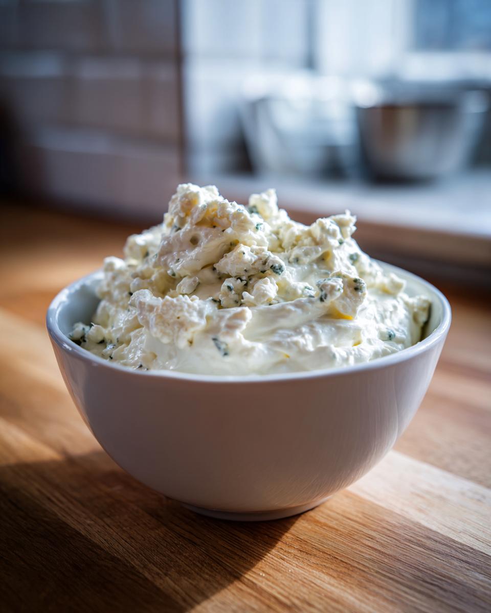 A white bowl filled with chunky, creamy blue cheese dip, sitting on a wooden surface.
