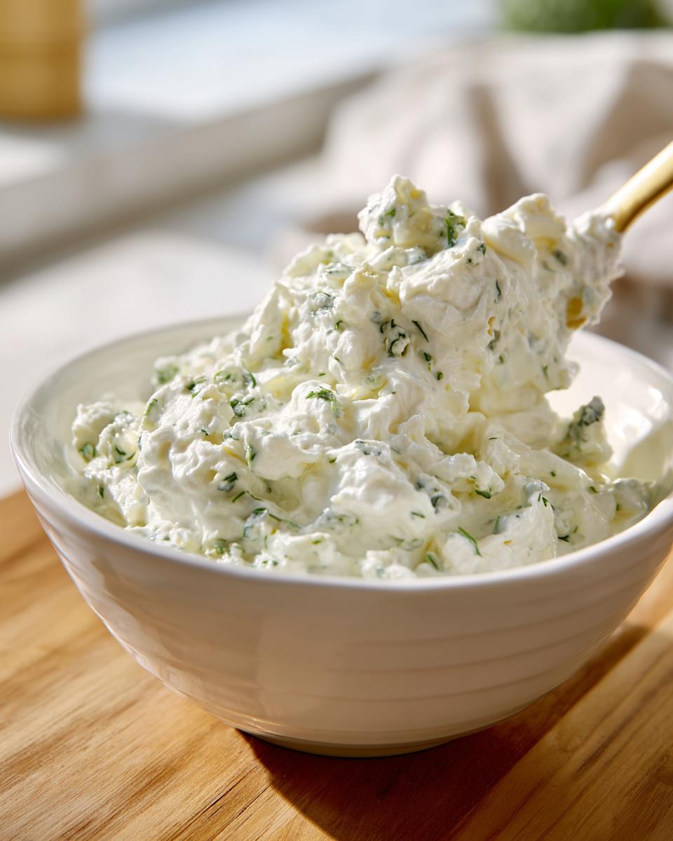 A spoonful of fluffy, homemade blue cheese dip mixed with green herbs being lifted from a white bowl.