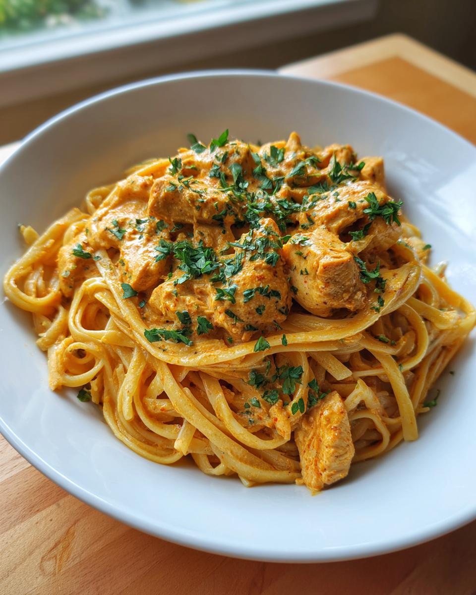 A close-up of a white bowl filled with creamy cajun chicken pasta, topped with fresh parsley.