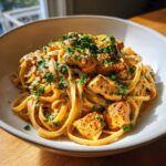 A bowl of creamy cajun chicken pasta featuring fettuccine noodles, seasoned chicken pieces, and fresh parsley garnish.