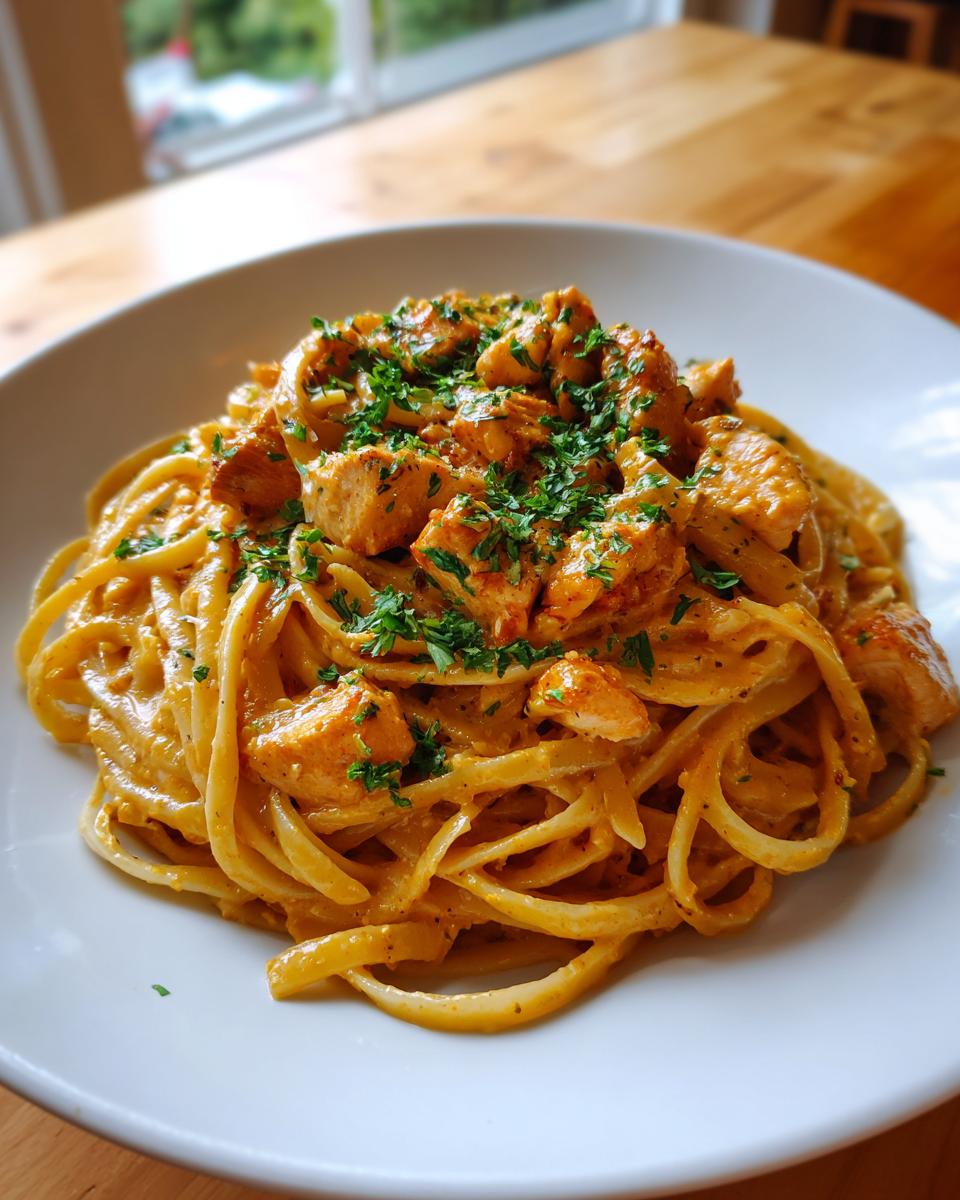 A close-up of a white bowl filled with creamy cajun chicken pasta, topped with diced chicken and fresh parsley.