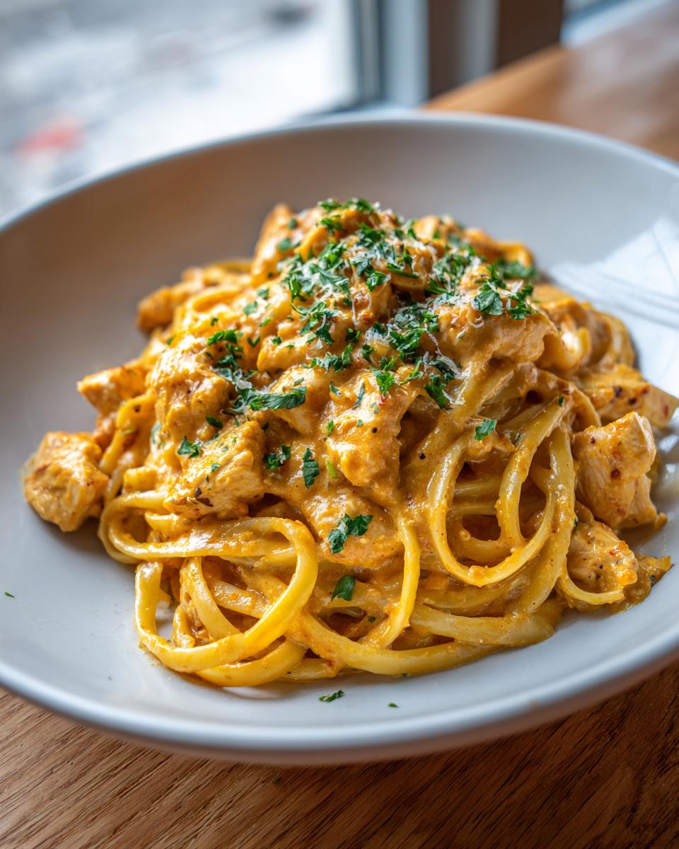 A close-up shot of rich, orange-hued creamy cajun chicken pasta topped with fresh parsley.