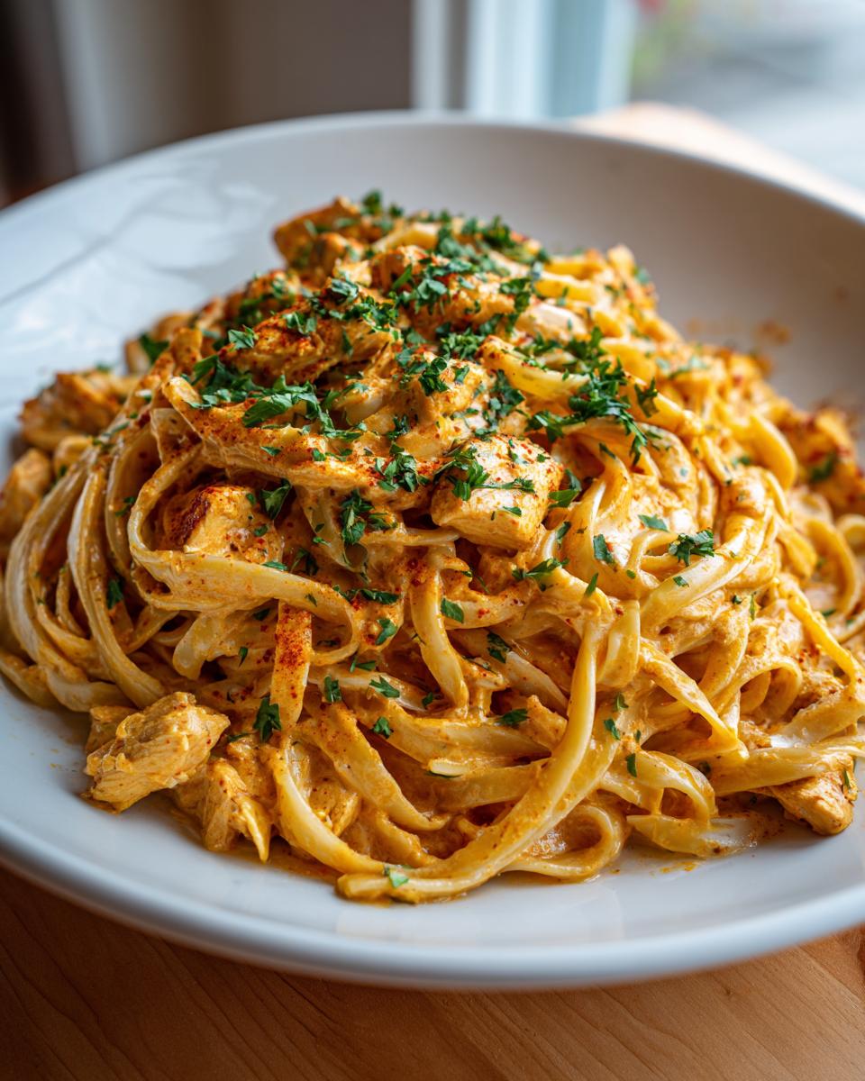 A close-up of a generous serving of creamy cajun chicken pasta topped with fresh parsley and paprika.