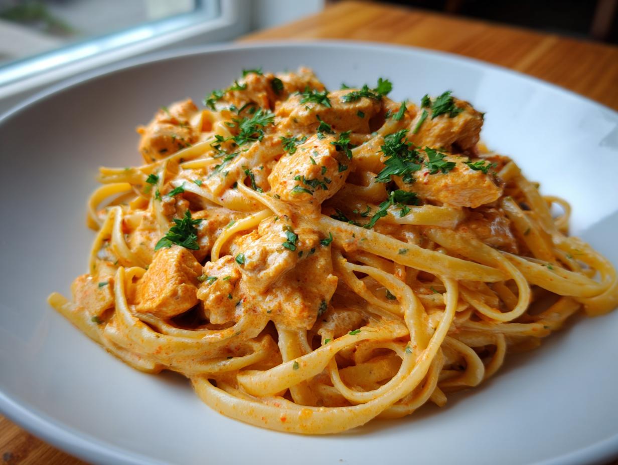 A close-up of creamy cajun chicken pasta featuring linguine coated in an orange-hued cream sauce with chunks of chicken, garnished with parsley.