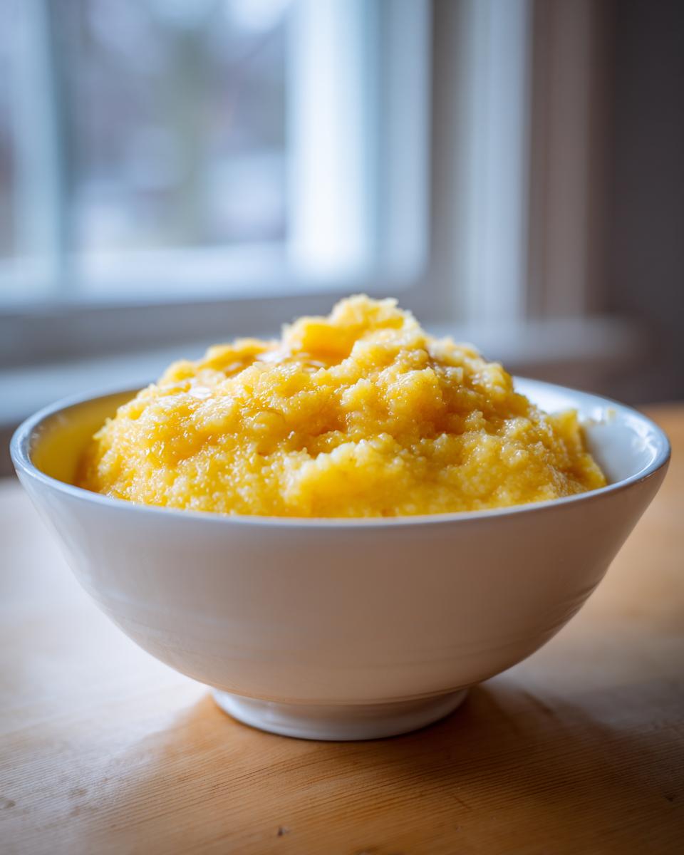 A white bowl filled with bright yellow, creamy cheese grits sitting on a wooden surface near a window.