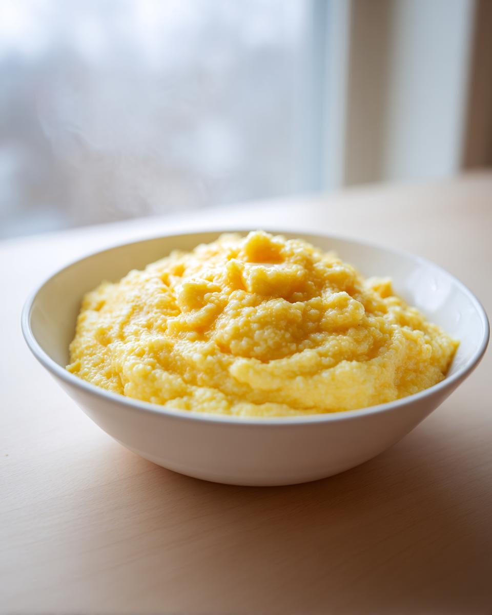 A white bowl filled with hot, creamy, yellow cheese grits, showing steam rising slightly.