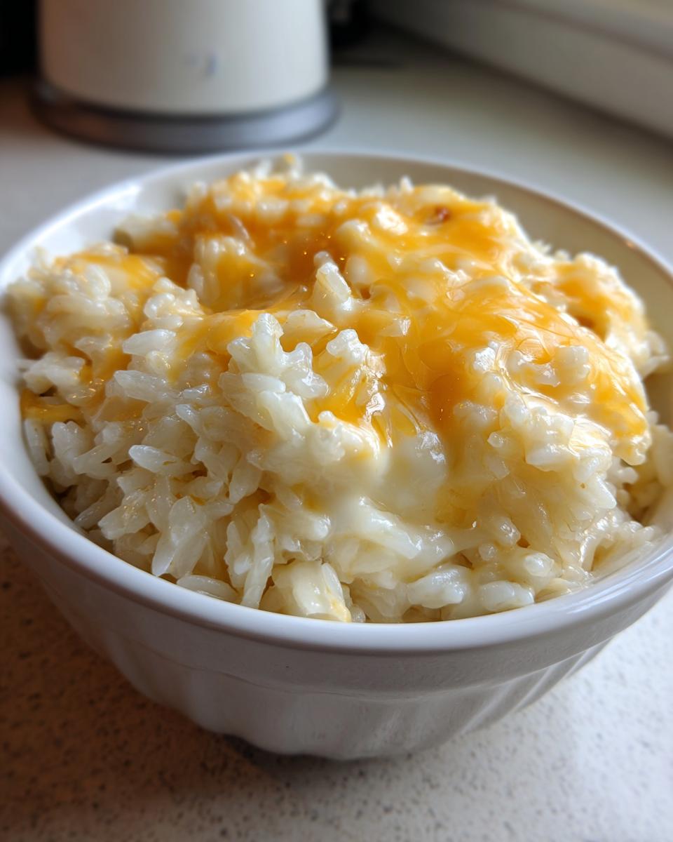 A close-up of creamy cheesy rice topped with melted cheddar cheese served in a small white bowl.