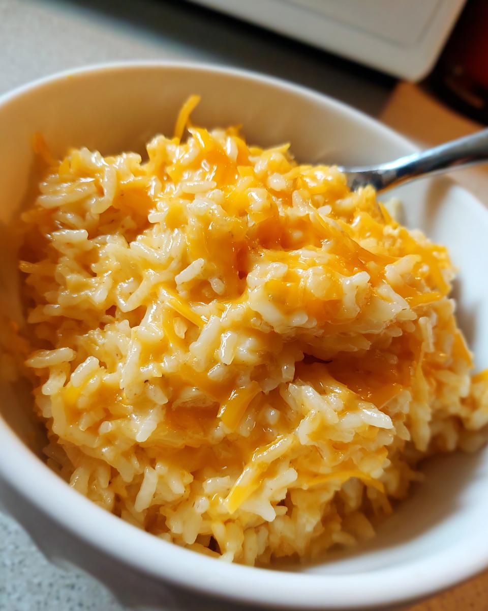 Close-up of creamy cheesy rice topped with melted cheddar cheese served in a white bowl with a spoon.