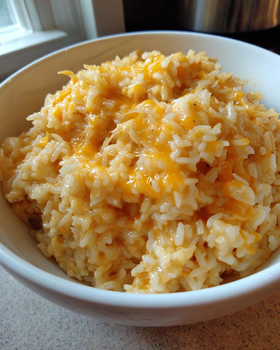 A close-up view of creamy cheesy rice topped with melted cheddar cheese served in a white bowl.