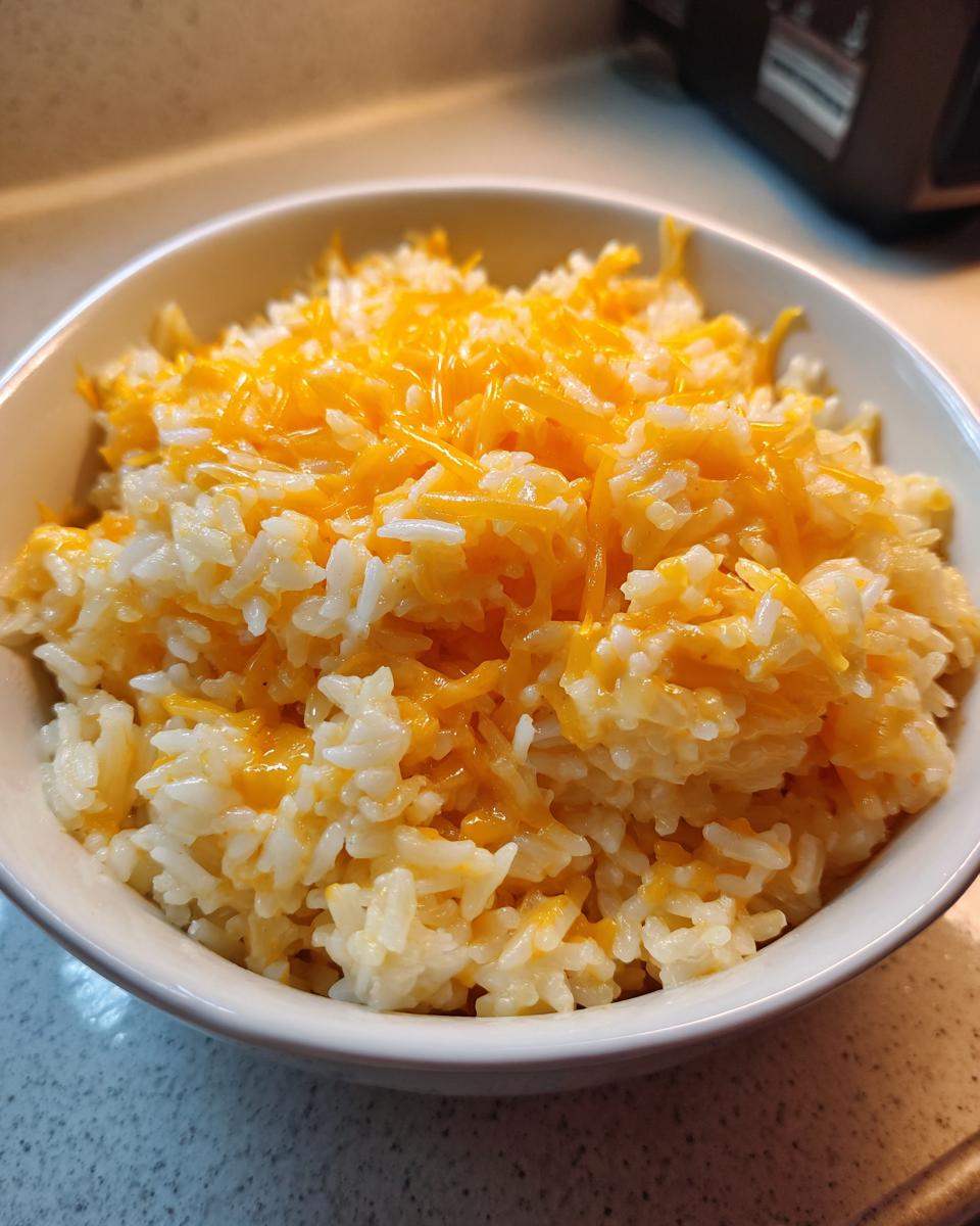 A white bowl filled with creamy white rice topped generously with melted shredded cheddar cheese, showcasing the cheesy rice.