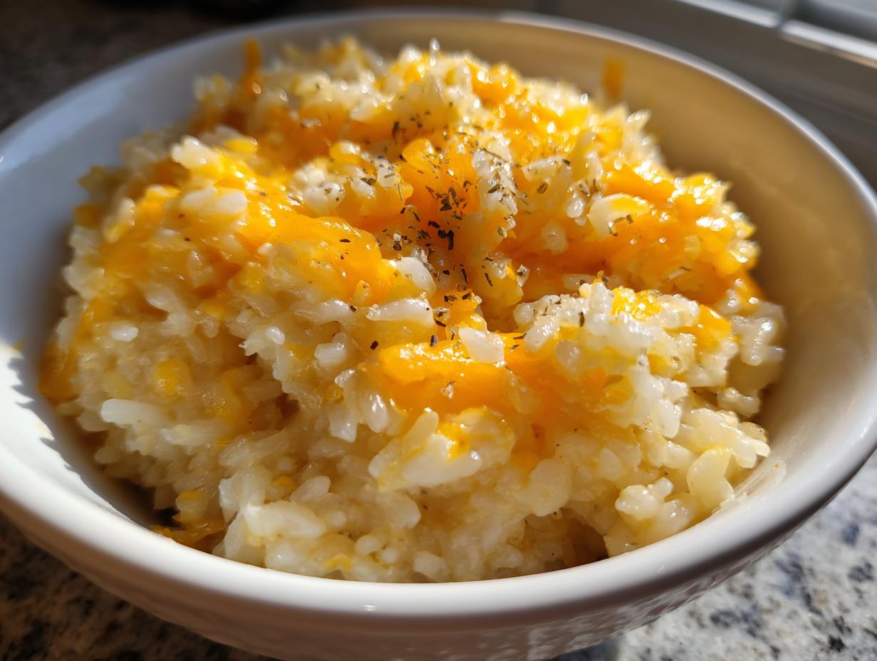 Close-up of creamy cheesy rice topped with melted cheddar and herbs served in a white bowl.