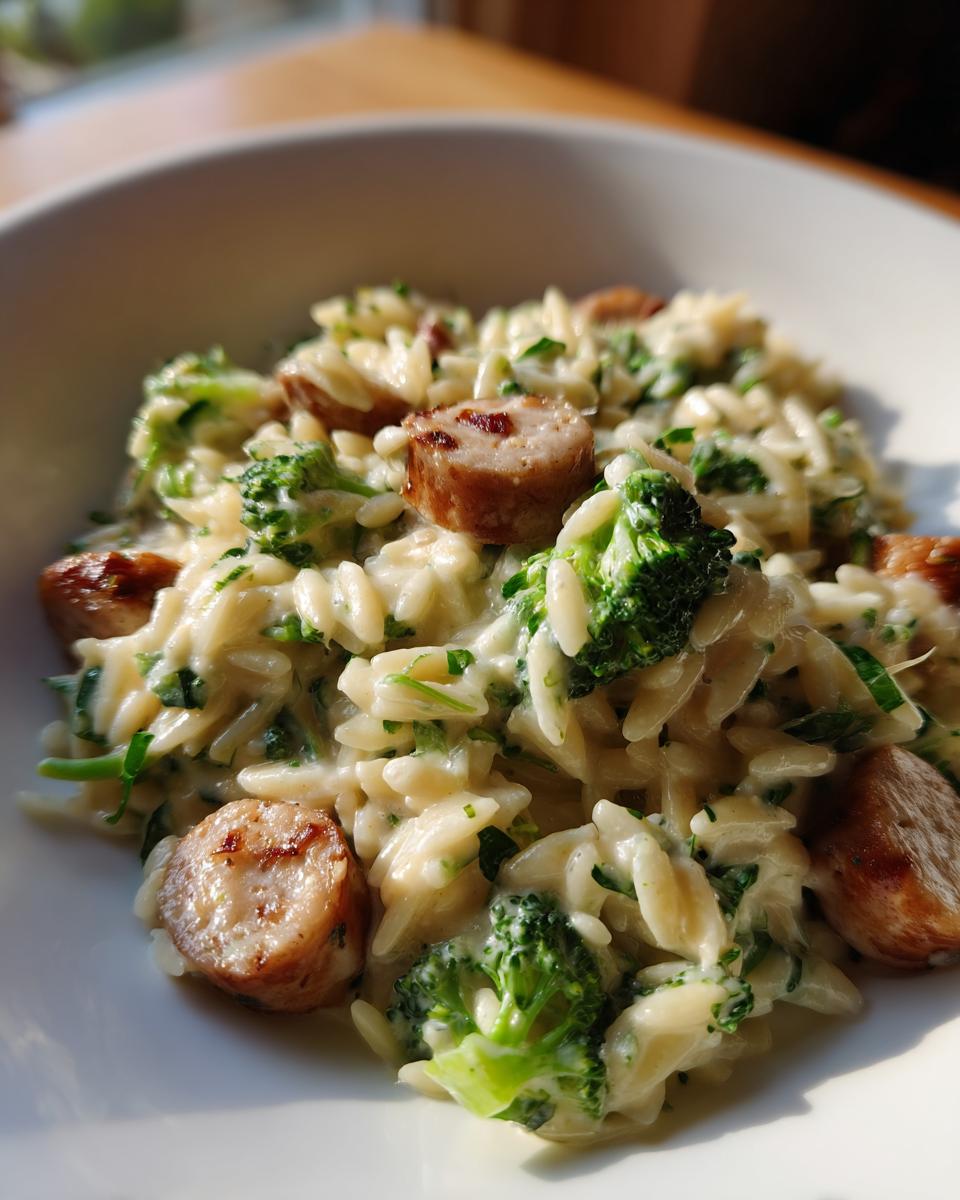 Close-up of creamy chicken sausage and broccoli orzo served in a white bowl, featuring browned sausage slices and bright green broccoli florets.