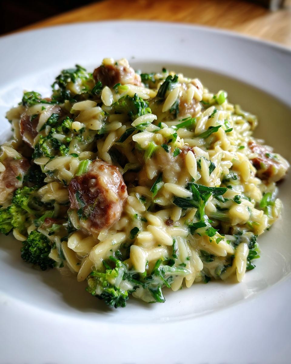 A close-up of creamy chicken sausage and broccoli orzo served in a white bowl, featuring browned sausage pieces and bright green broccoli florets.