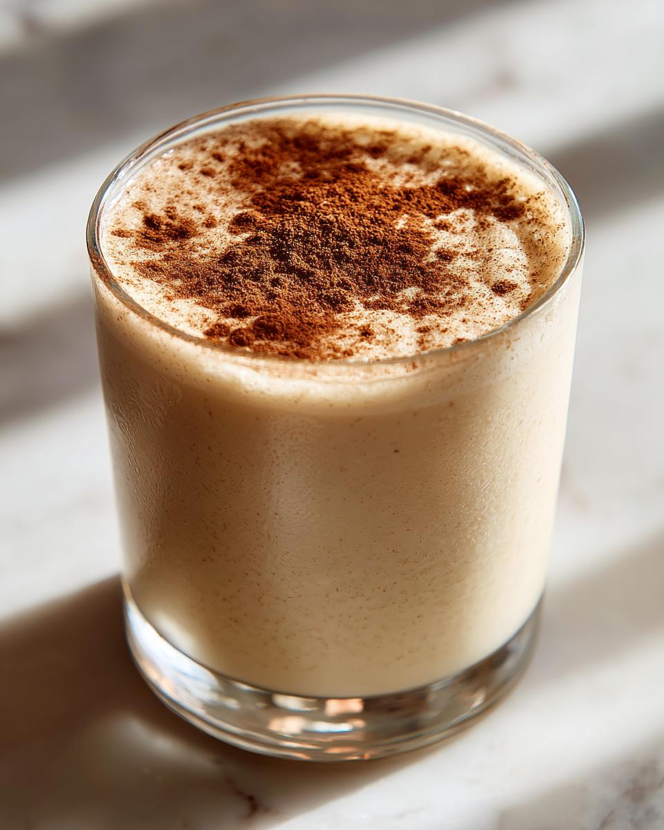 Close-up of a creamy, light brown coquito drink in a glass, dusted generously with ground cinnamon.