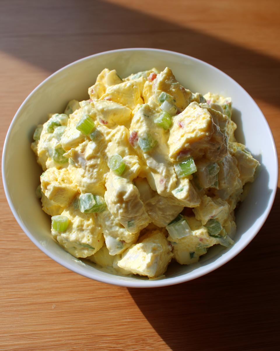 A close-up overhead shot of creamy egg salad recipe mixed with chopped green onions in a white bowl.