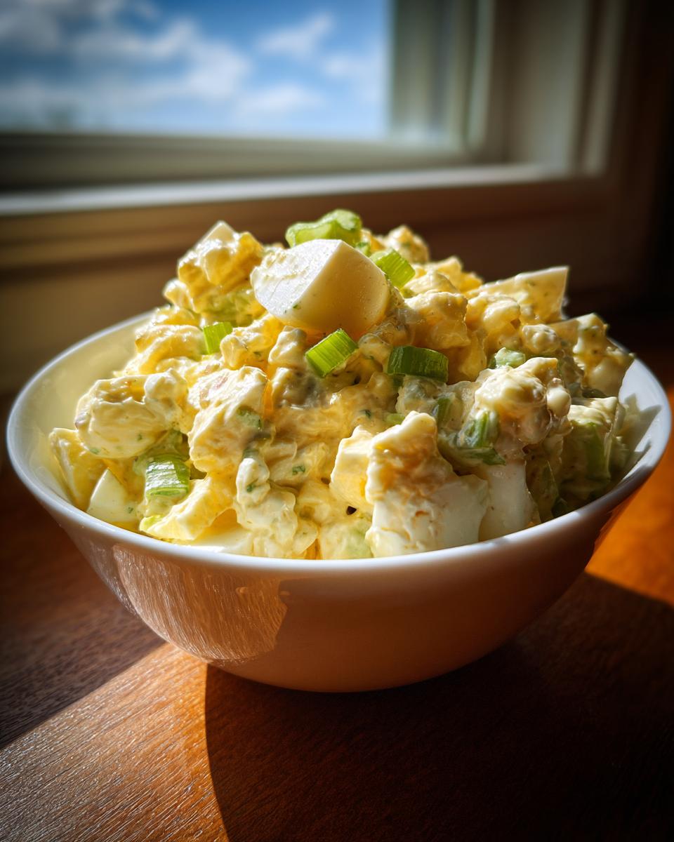 A close-up of a white bowl filled with creamy egg salad recipe, garnished with chopped green onions and a hard-boiled egg wedge.