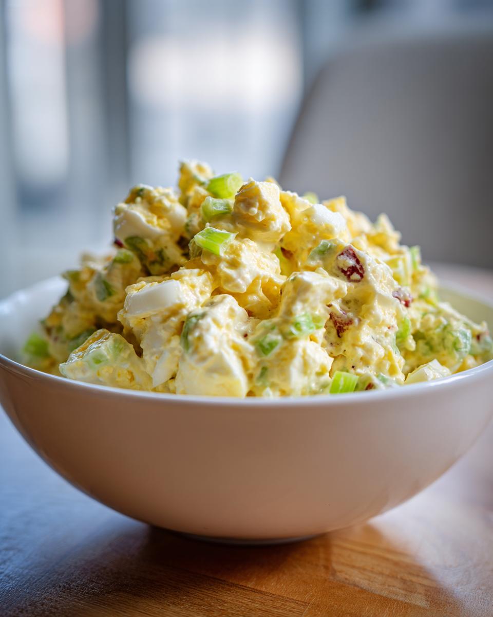 A close-up of a generous serving of creamy egg salad recipe with visible chunks of egg and green celery in a white bowl.