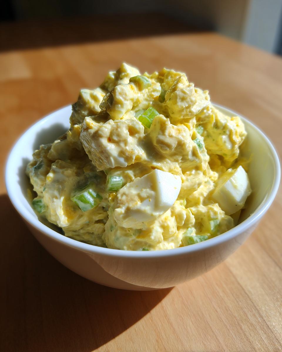 A close-up of a generous serving of creamy egg salad recipe, featuring chunks of egg and green celery, in a white bowl.
