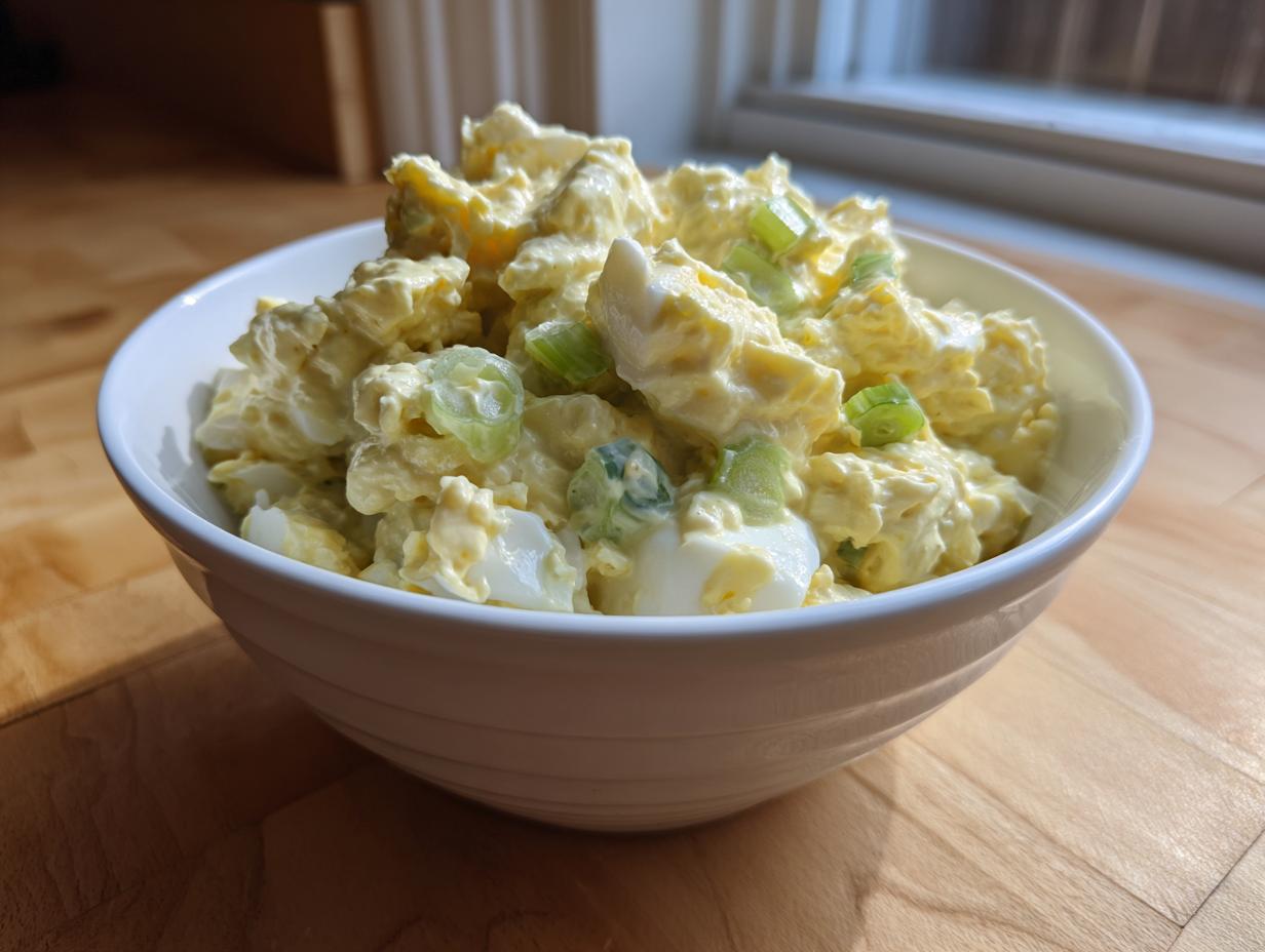 A white bowl filled with creamy, chunky egg salad recipe featuring visible pieces of chopped celery.