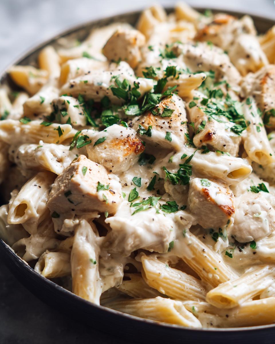 Close-up of creamy garlic parmesan chicken pasta made with penne, topped with fresh parsley.