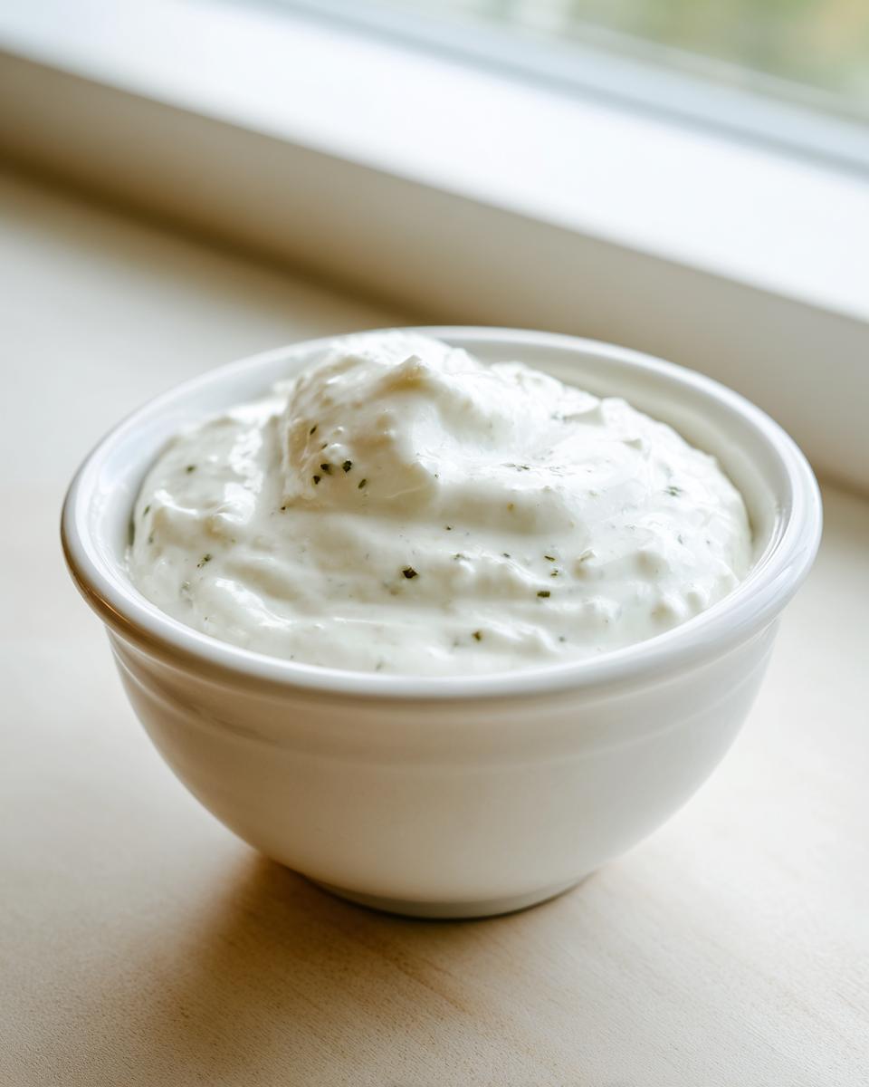 A small white bowl filled with thick, creamy garlic sauce speckled with green herbs.