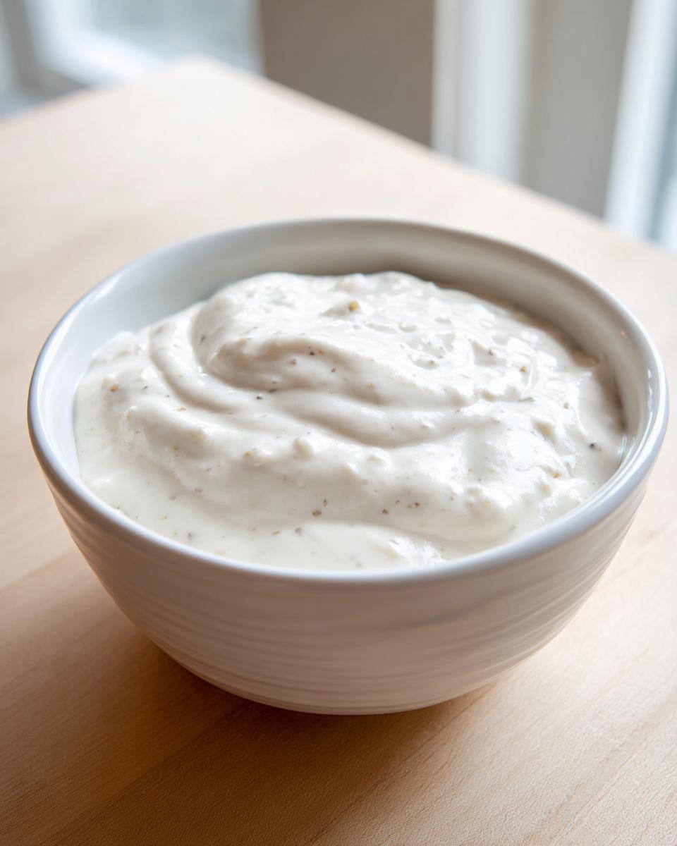 A close-up of thick, creamy garlic sauce swirled in a white bowl on a light wooden surface.