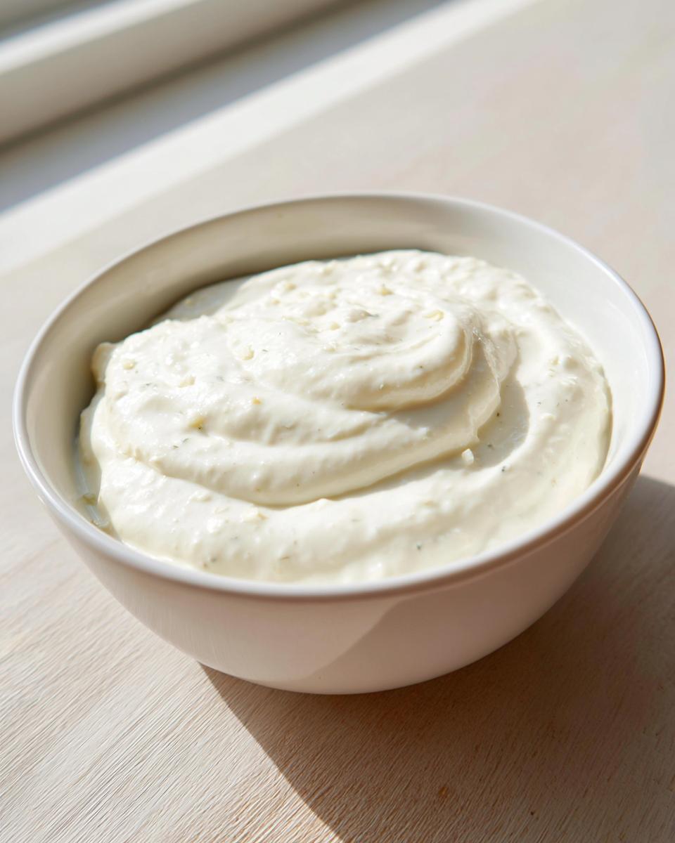 Close-up of thick, creamy garlic sauce swirled in a small white bowl, ready to serve.