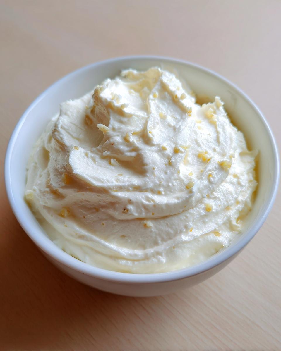 A close-up of thick, creamy garlic sauce swirled high in a white bowl, showing flecks of minced garlic.
