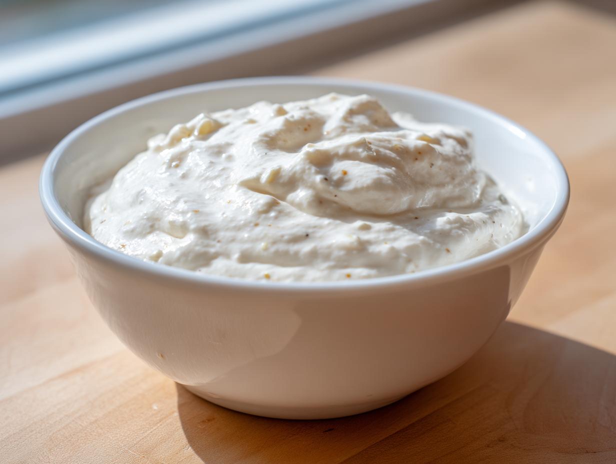 A close-up of thick, creamy garlic sauce filling a small white bowl on a wooden surface.