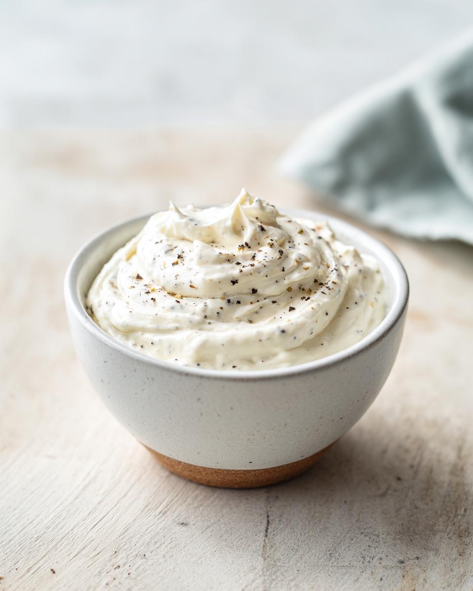 A small white bowl filled with creamy, whipped horseradish sauce, topped with cracked black pepper.