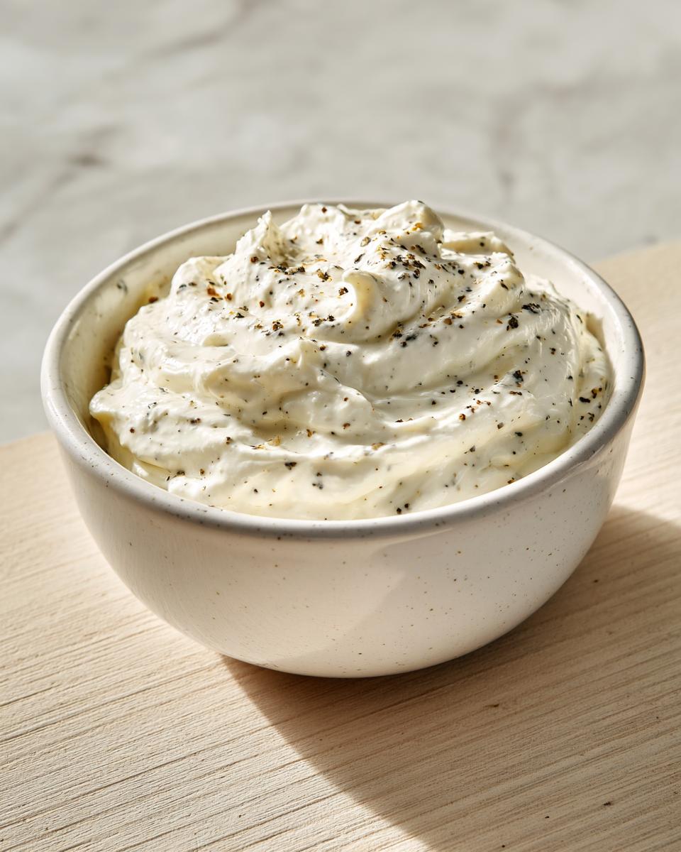 A close-up of creamy horseradish sauce, topped with black pepper, served in a speckled white bowl.