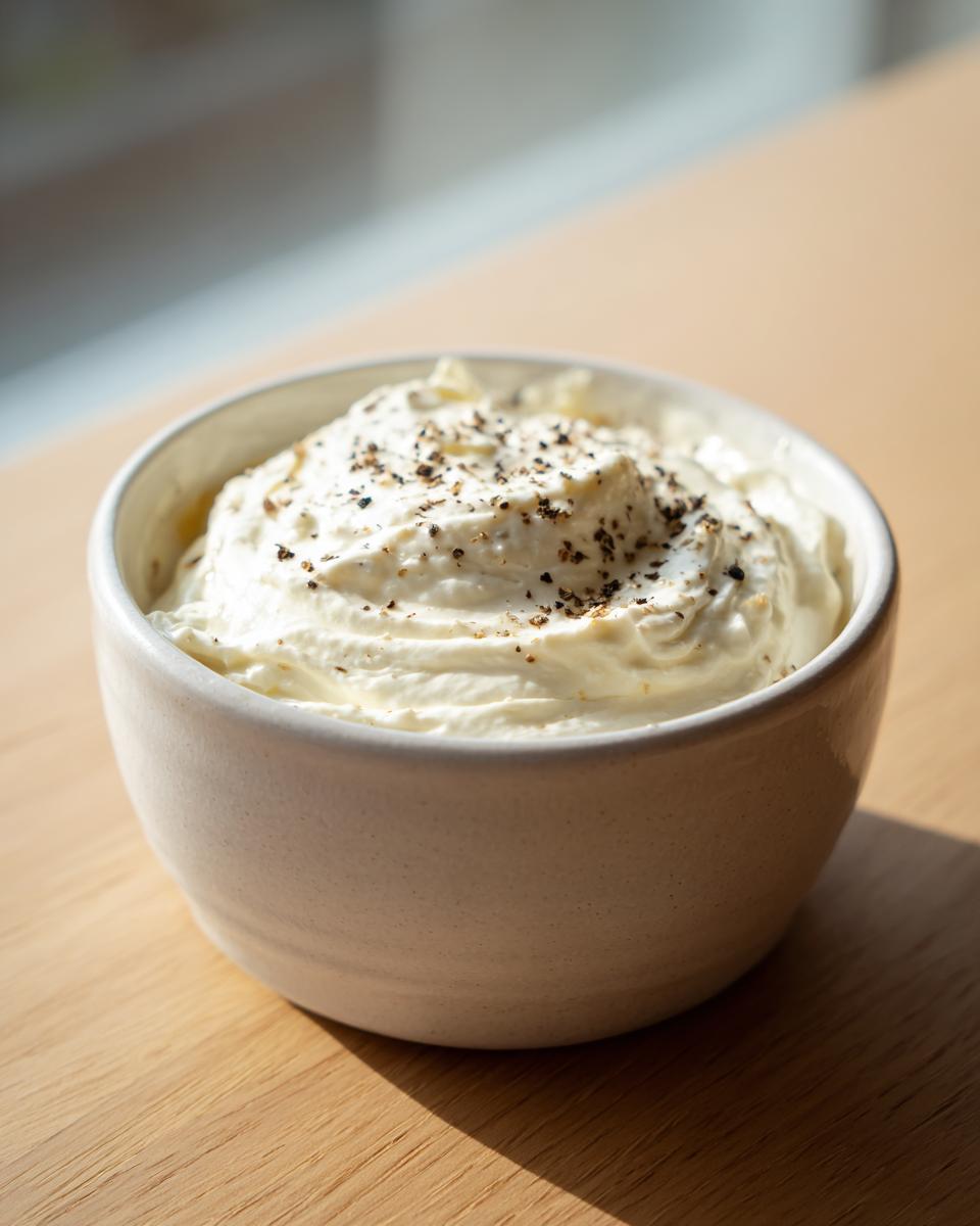 A small bowl of creamy white horseradish sauce topped generously with cracked black pepper.