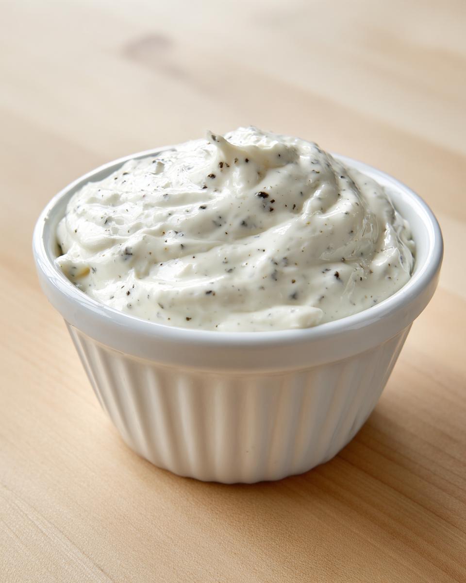 A close-up of creamy, white horseradish sauce with visible dark specks, served in a small white fluted ramekin.
