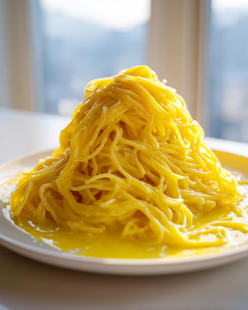A tall mound of bright yellow, saucy spaghetti representing creamy lemon pasta served on a white plate.