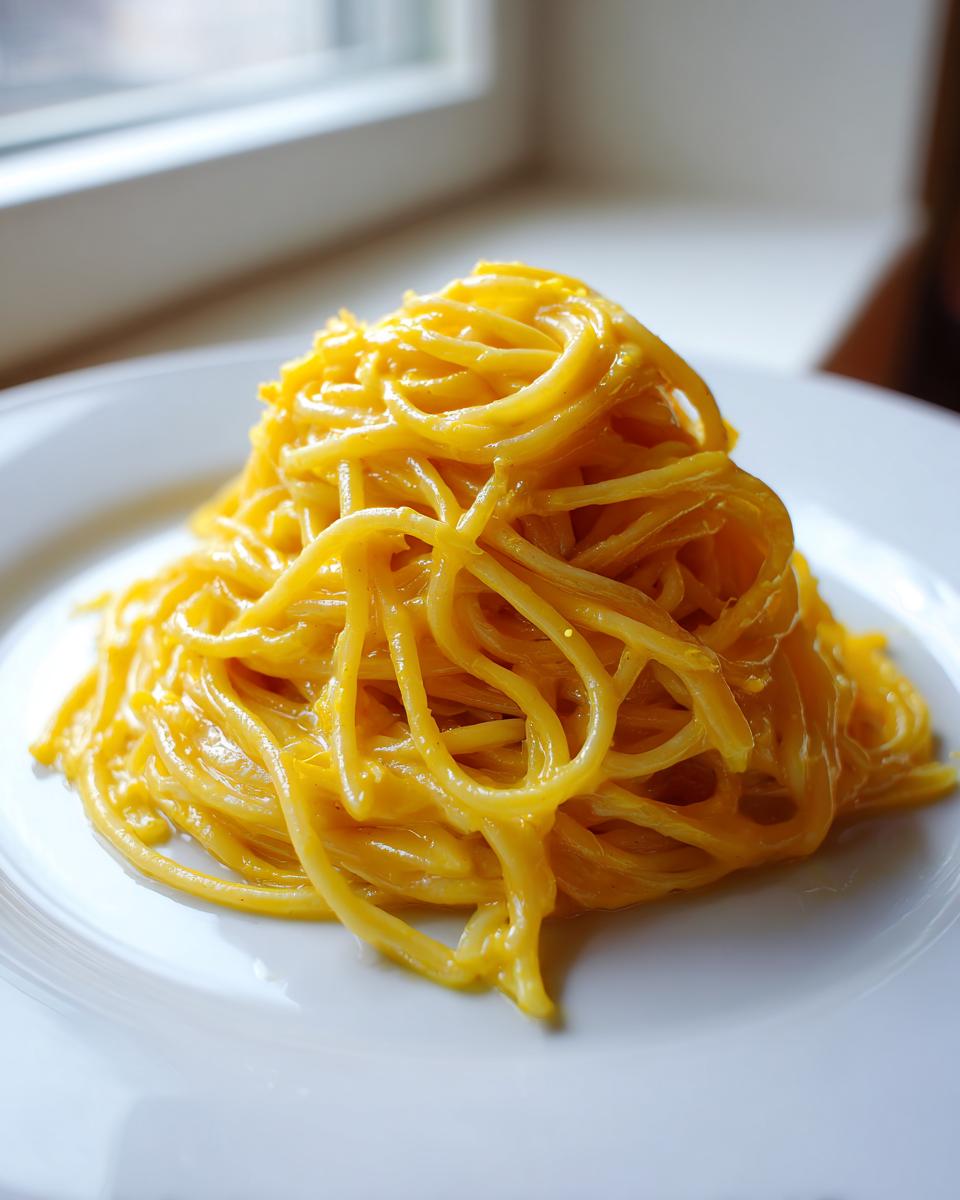 Close-up of bright yellow, saucy creamy lemon pasta piled high on a white plate near a window.