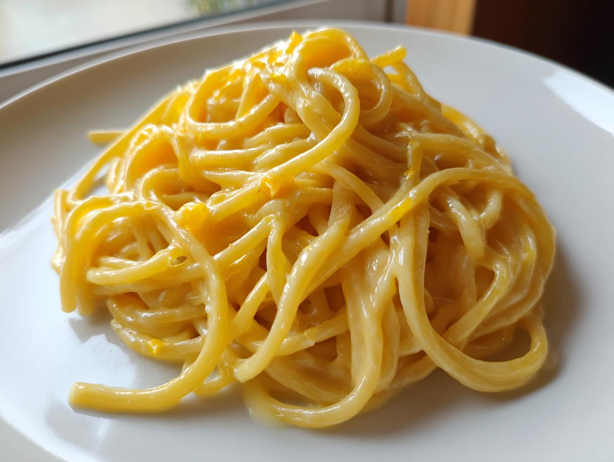 A close-up view of a serving of creamy lemon pasta, coated in a rich, yellow sauce, presented on a white plate.