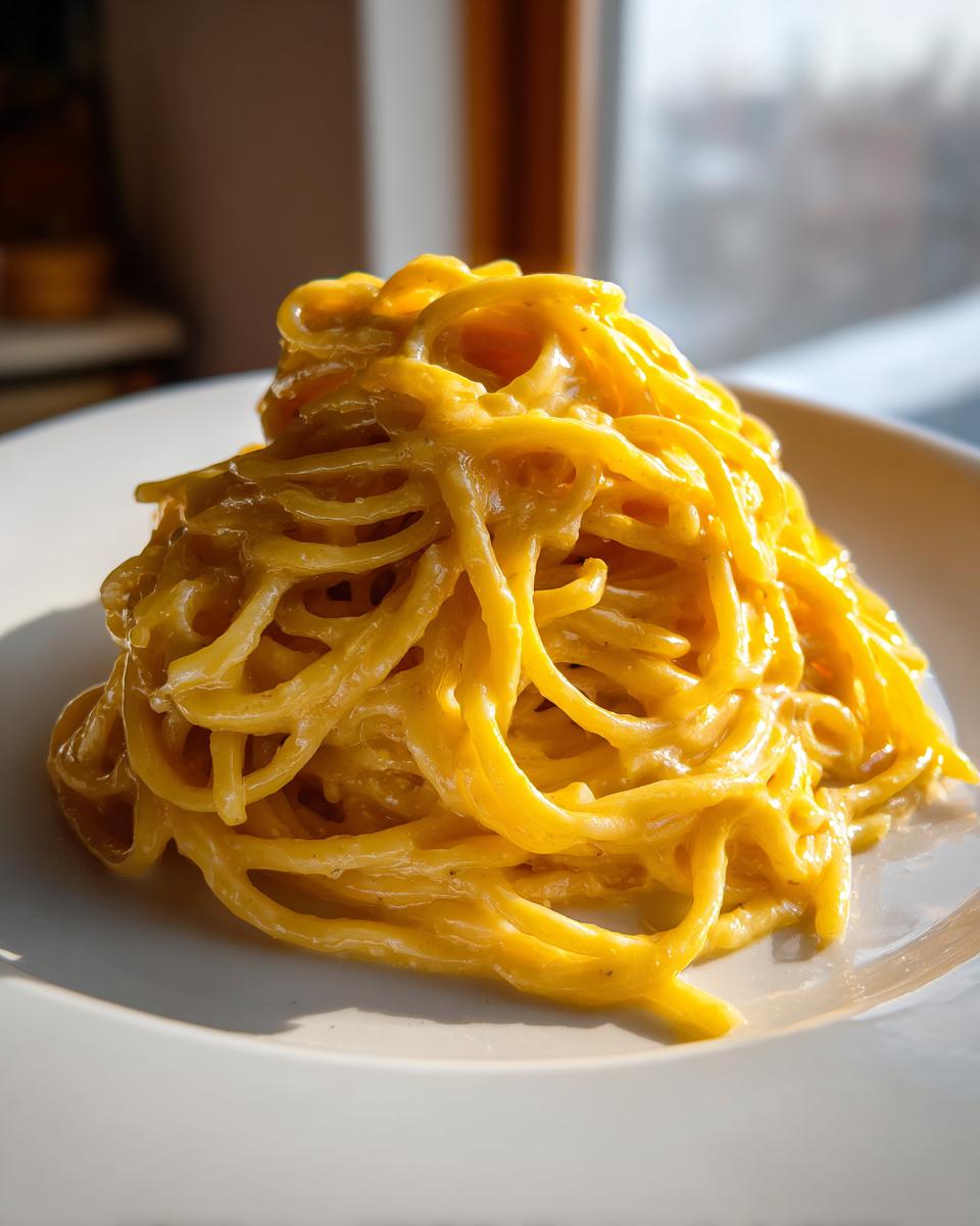 A close-up of a mound of spaghetti coated in a rich, yellow creamy lemon pasta sauce, sitting on a white plate.