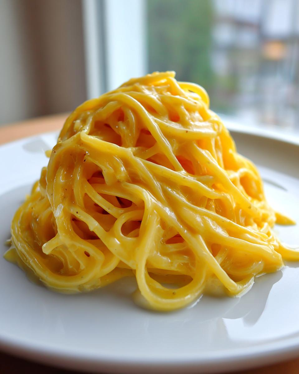 A close-up of a mound of spaghetti coated in rich, yellow creamy lemon pasta sauce on a white plate.