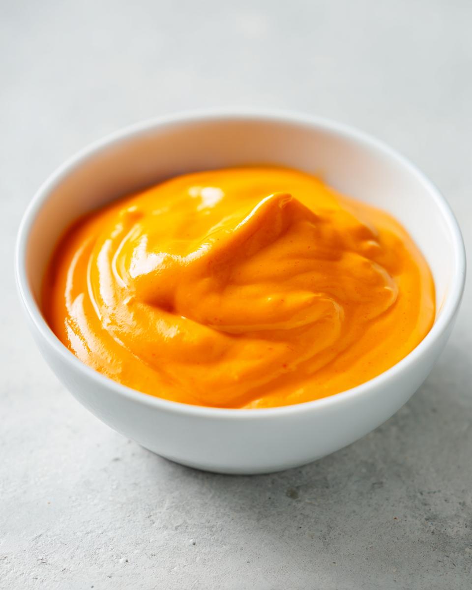 A small white bowl filled with vibrant, thick, homemade nacho cheese sauce, set on a light gray surface.