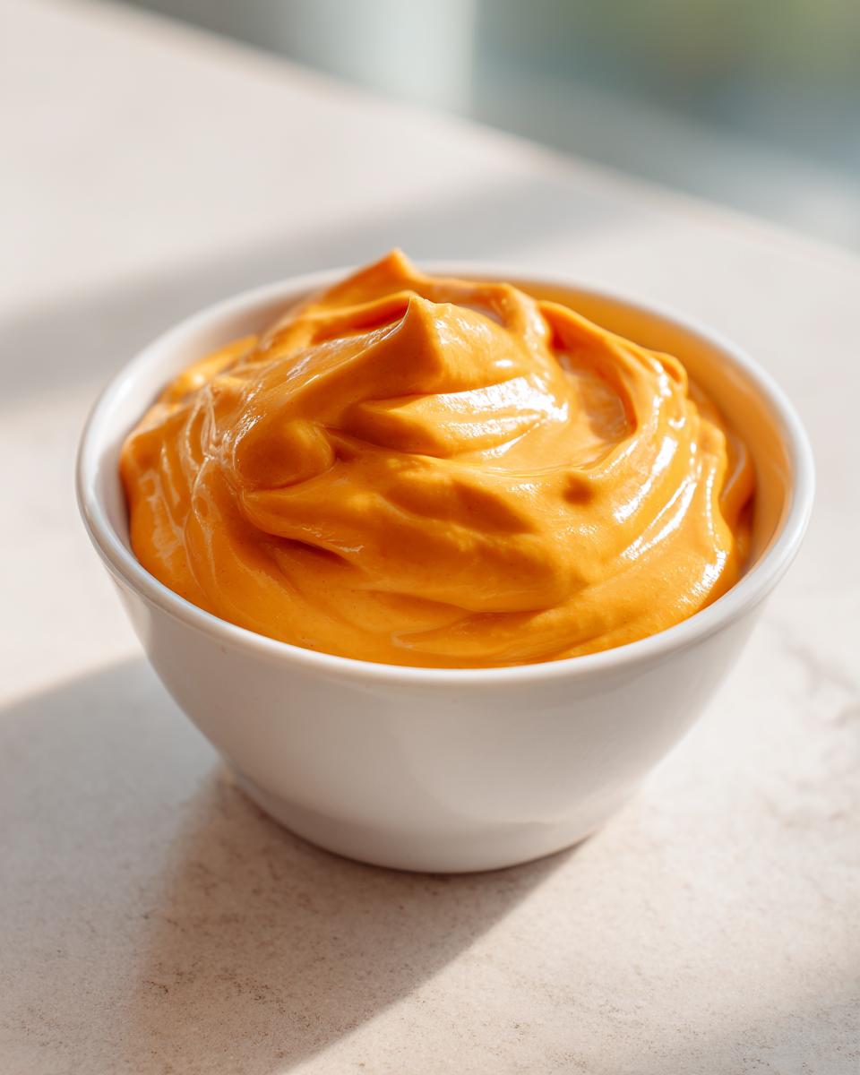 A close-up of thick, bright orange homemade nacho cheese sauce swirled in a small white bowl.