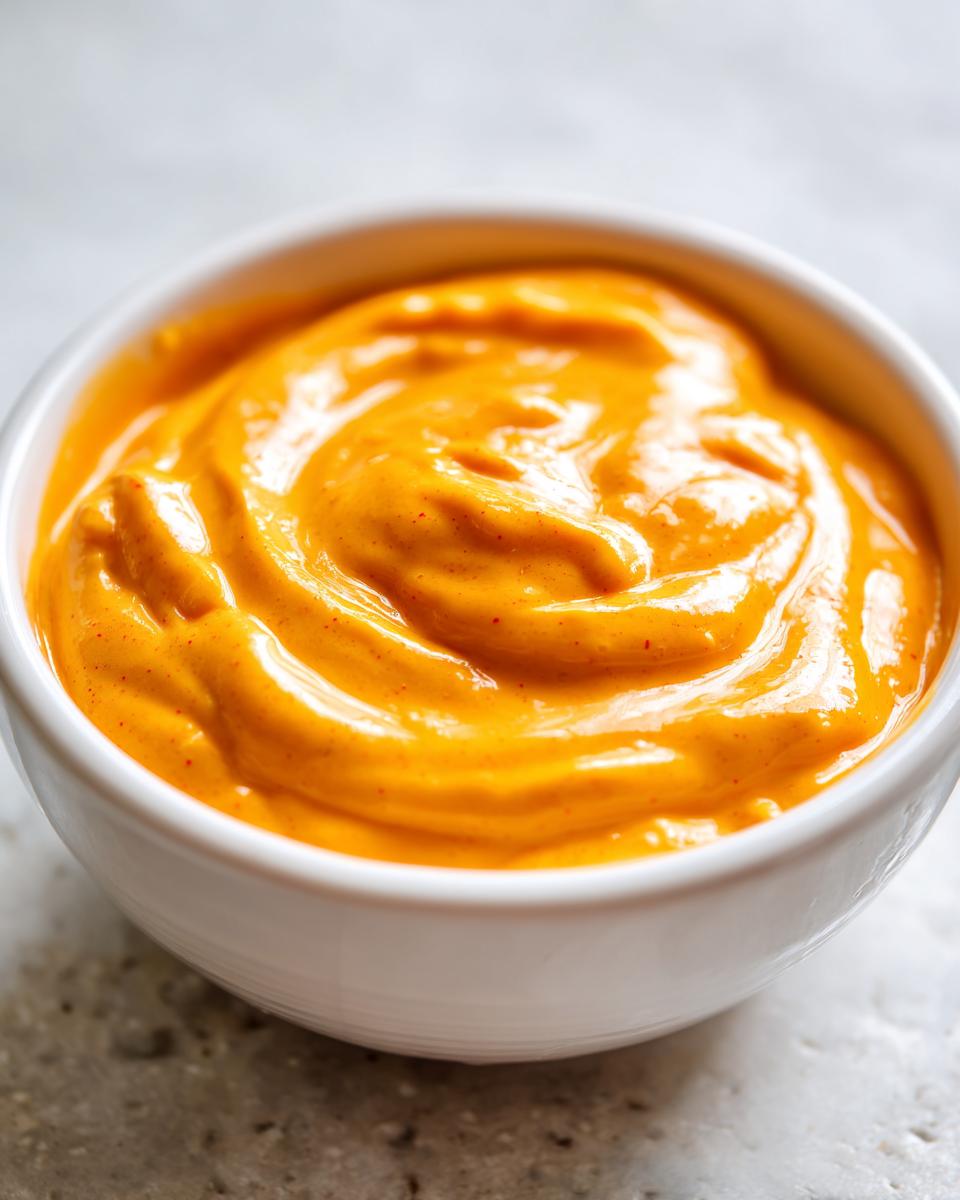 Close-up of thick, vibrant orange nacho cheese sauce swirled in a small white bowl.