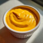 Close-up of smooth, bright orange nacho cheese sauce swirled in a small white ramekin.