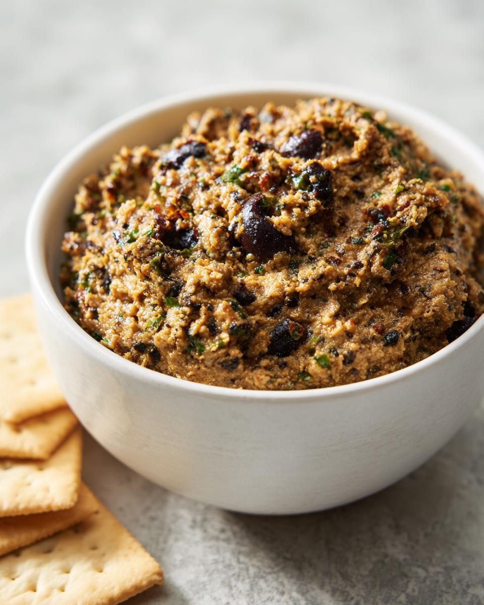 Close-up of a creamy olive dip, chunky with visible black olives and herbs, served in a white bowl next to crackers.