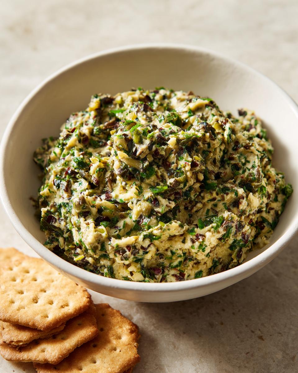 A bowl filled with creamy olive dip mixed with green herbs, served next to a stack of savory crackers.