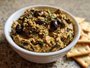 Close-up of a creamy olive dip garnished with whole black olives, served in a white bowl next to crackers.