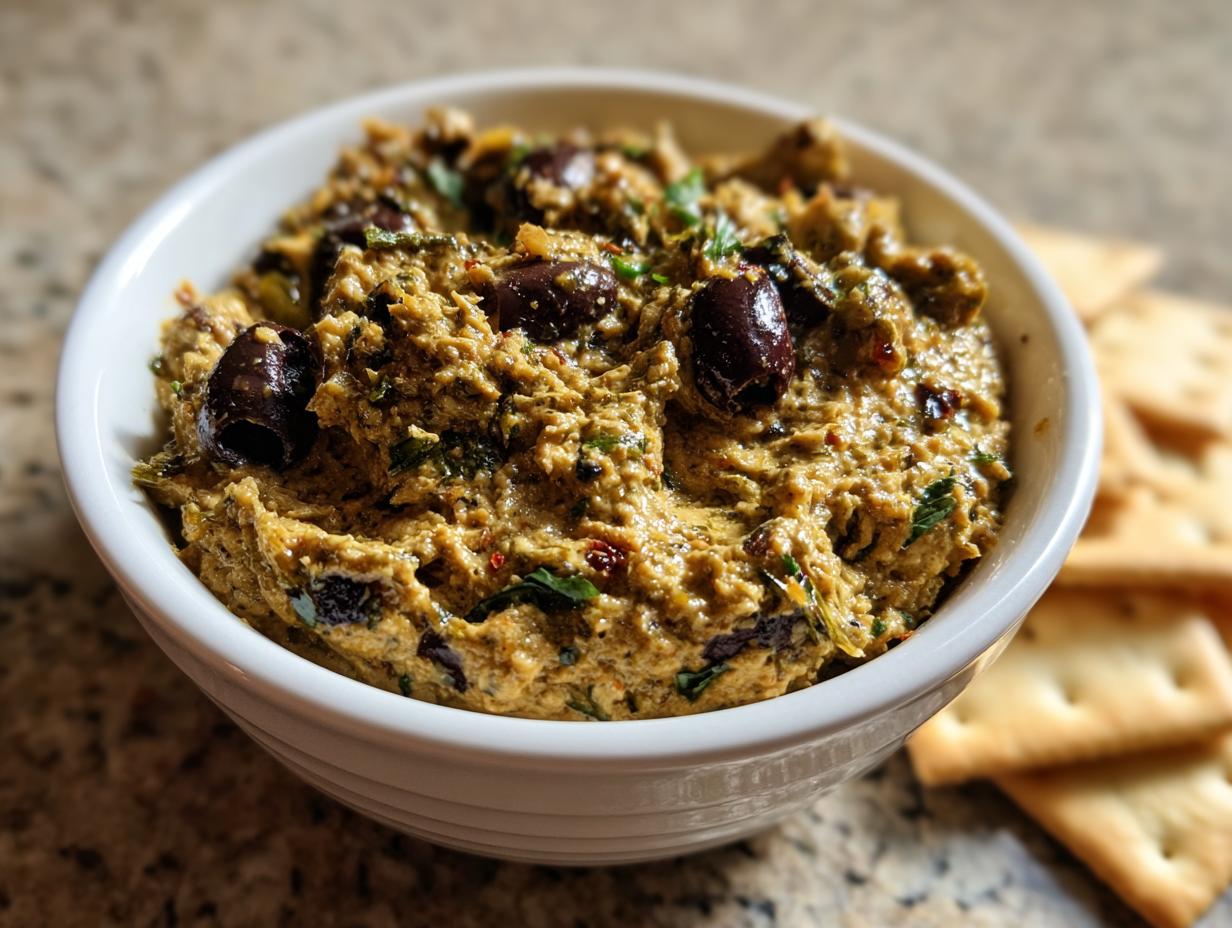 Close-up of a creamy olive dip garnished with whole black olives, served in a white bowl next to crackers.