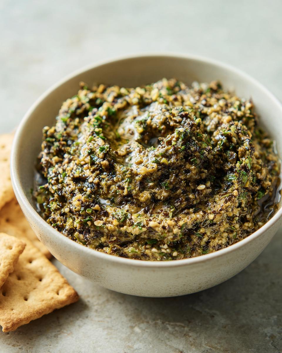 Close-up of a textured, dark green creamy olive dip drizzled with oil, served in a light bowl next to crackers.