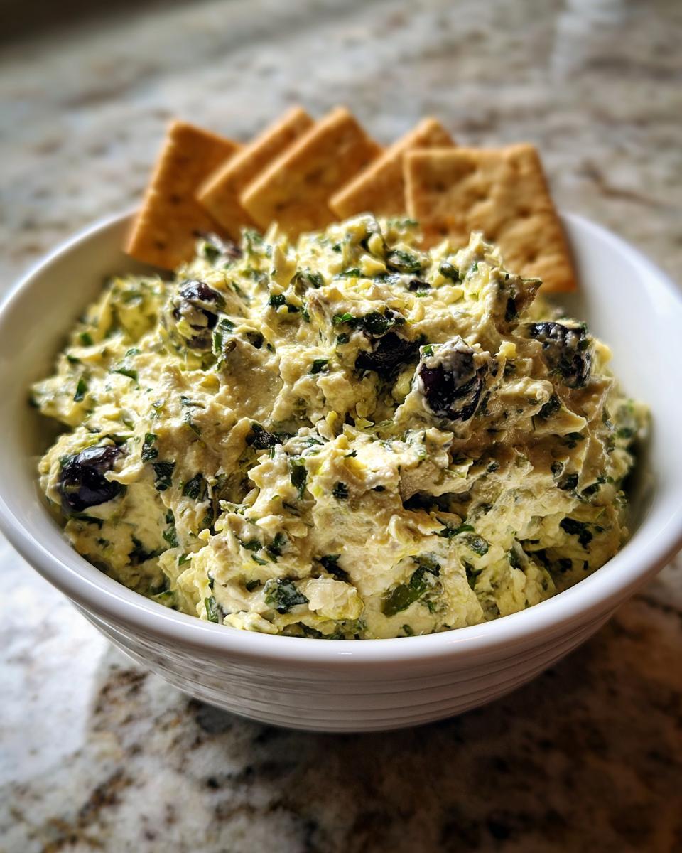 Close-up of a creamy olive dip, studded with black olives and green herbs, served in a white bowl with crackers.
