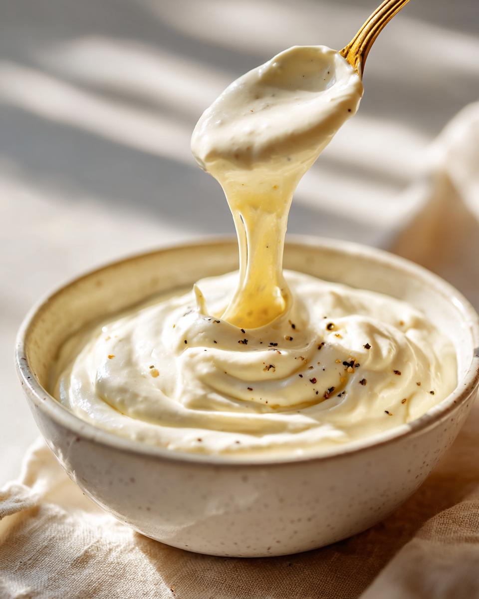 A spoonful of thick, creamy olive garden alfredo sauce being lifted from a speckled bowl, showing its rich texture.